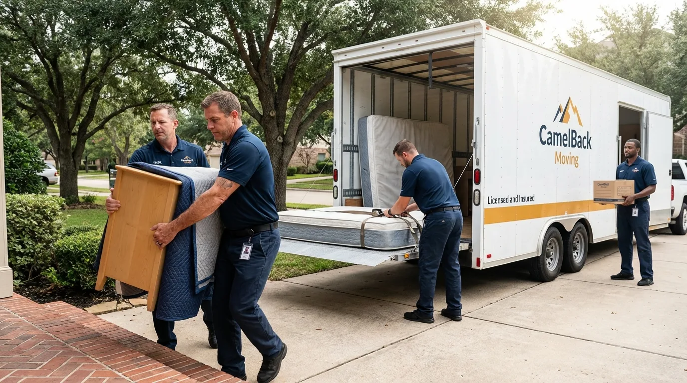 Crew loading residential truck for cross-state move from Mequon, WI