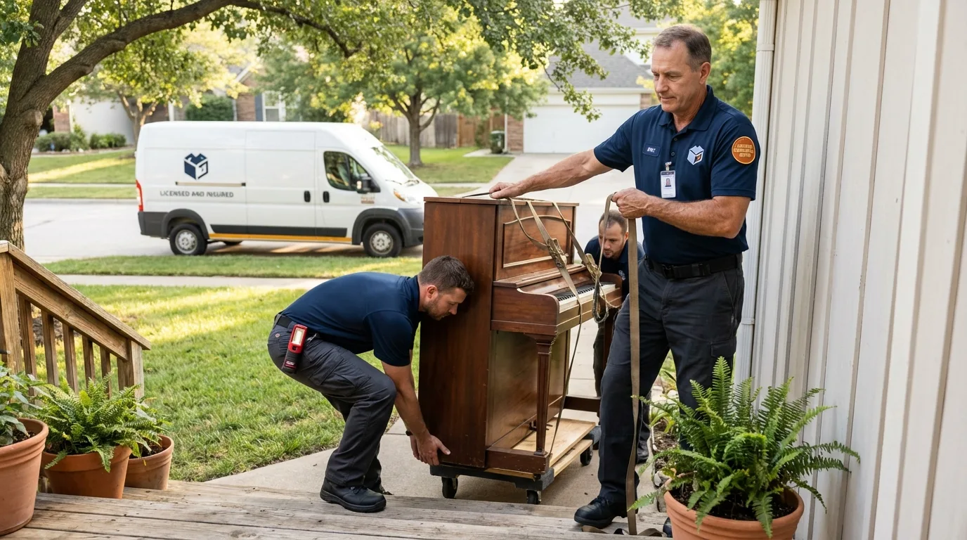 Licensed piano movers securing grand piano in Mequon, WI