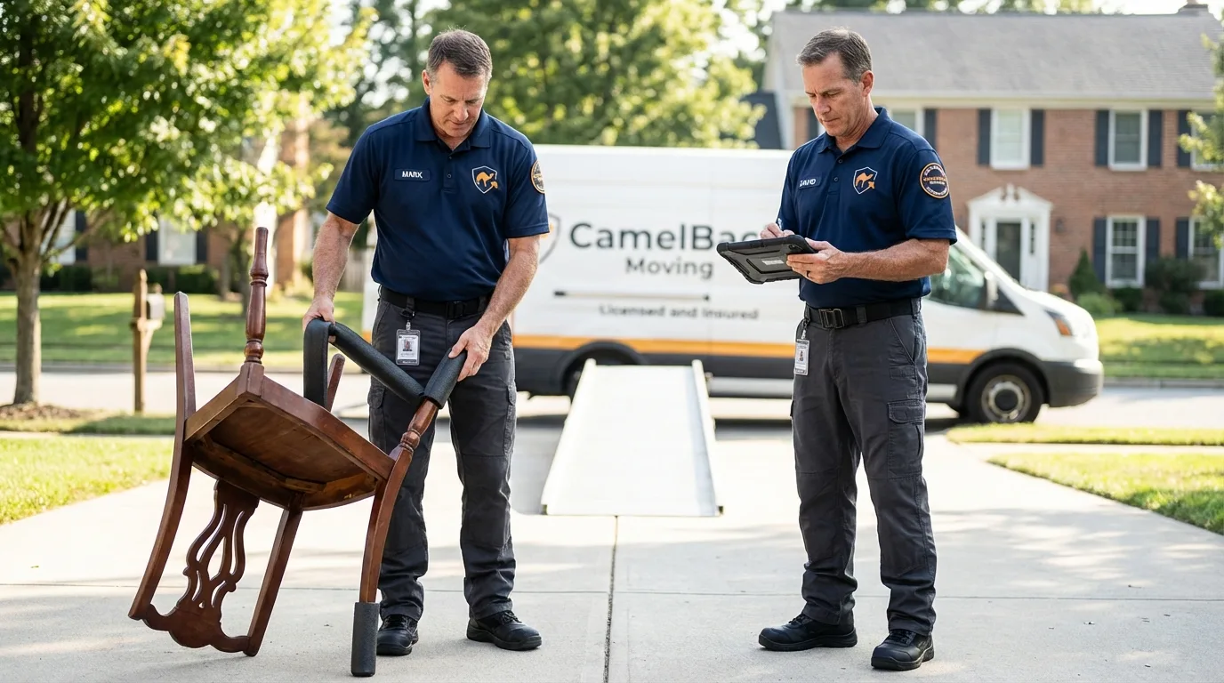 Movers inspecting furniture for damage prevention before loading in Mequon, WI