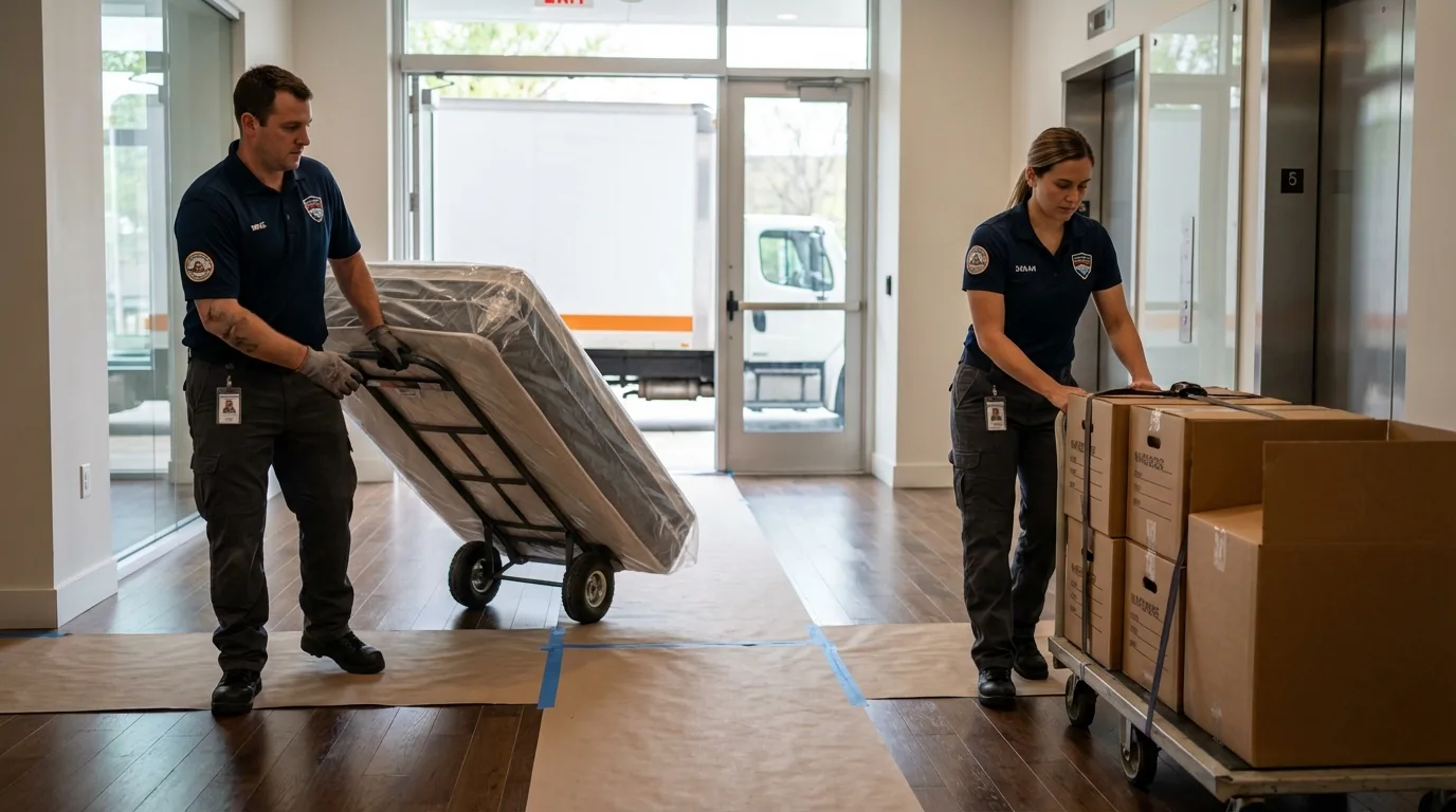 Professional apartment movers loading elevator in Mequon, WI